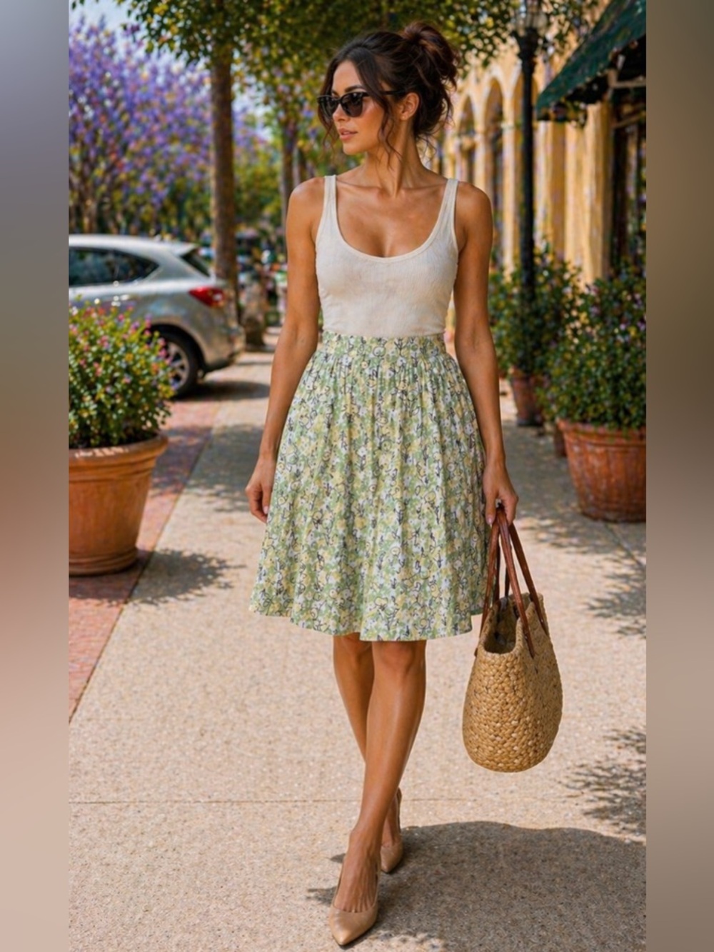 New York & Company Light Green Floral Midi Skirt
